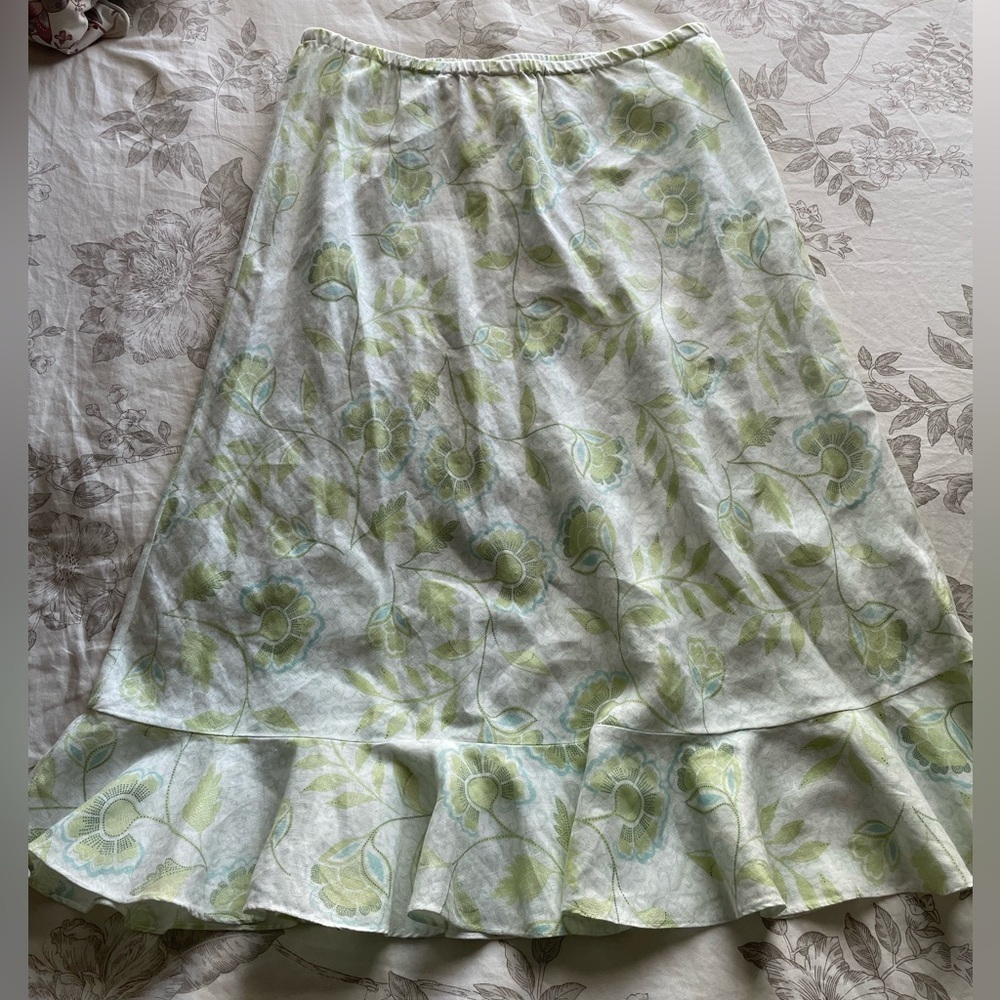 Vintage Linen Pastel Green Floral Pull On Skirt 14 Cottagecore Fairy Feminine